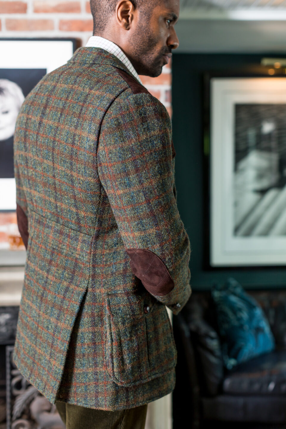 (product) Green With Multicoloured Overchecks Shooting Jacket, side view with suede elbow patches - custom suits nyc bespoke tailor midtown, noho