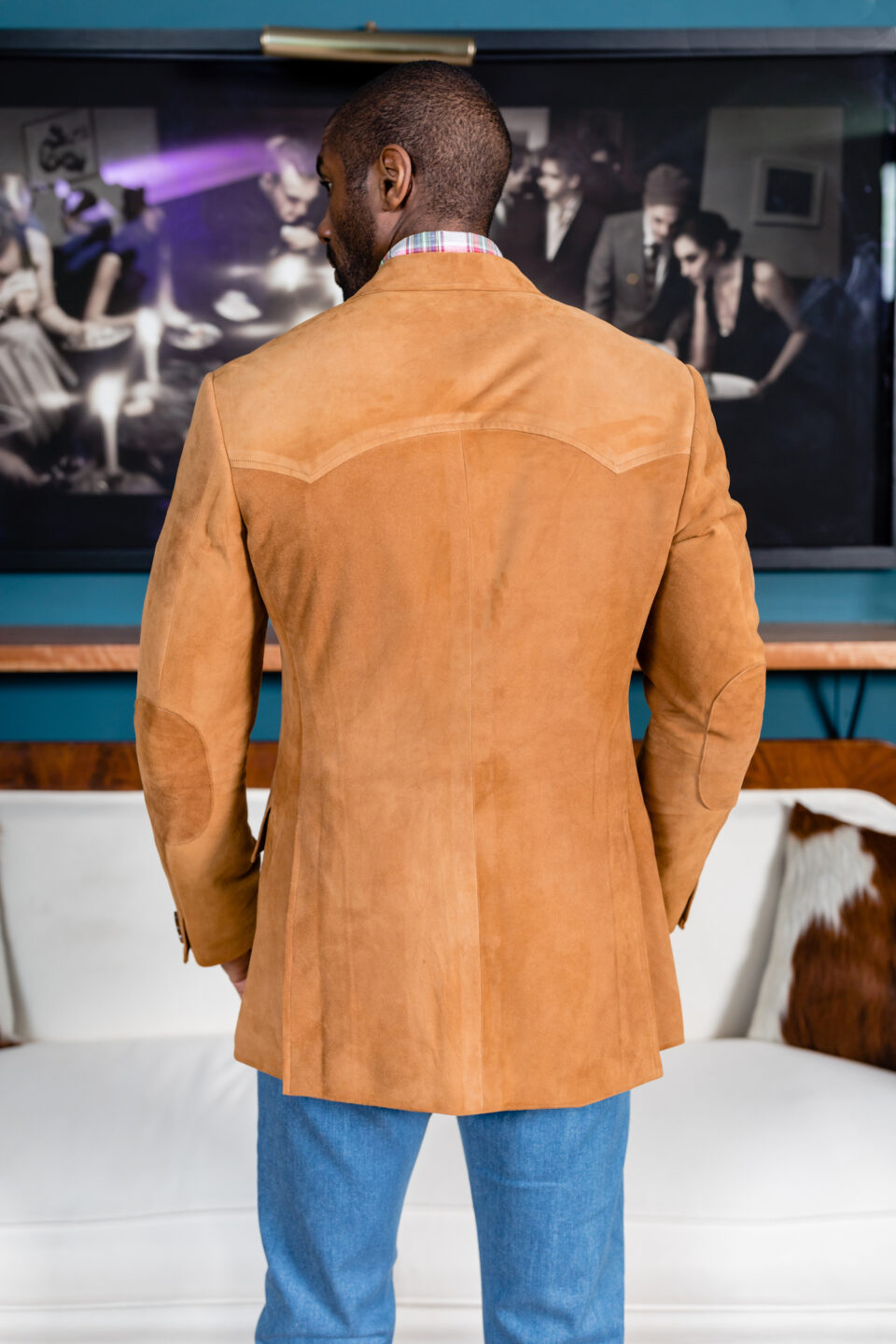 (product) Med Brown Lamb Suede Western Jacket, back view showcasing its texture - custom suits nyc bespoke tailor midtown, noho