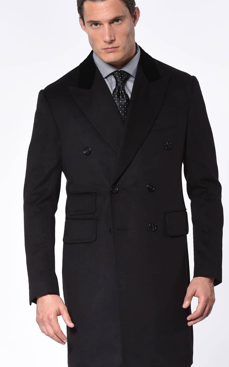 (product) Black Pure Cashmere DB Overcoat, full front view - custom suits nyc bespoke tailor midtown, noho