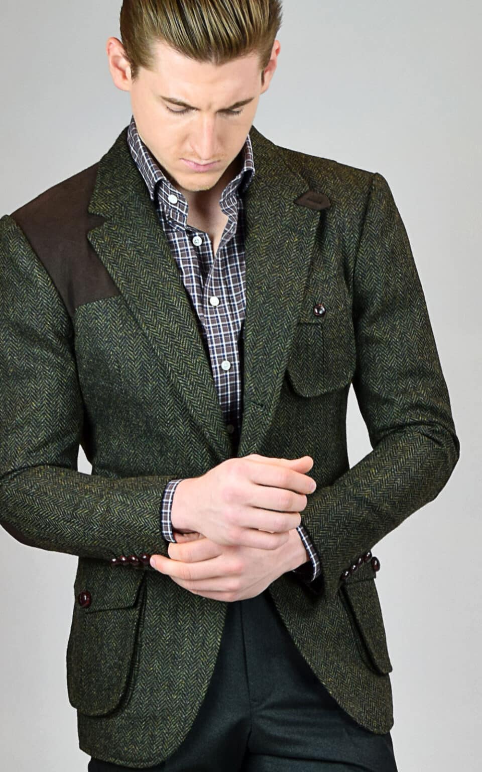 (product) Dark Olive Herringbone Bespoke Hunting Jacket, front view - custom suits nyc bespoke tailor midtown, noho