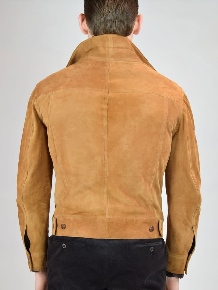 (product) Tobacco Suede Bespoke Trucker Jacket, back view - custom suits nyc bespoke tailor midtown, noho
