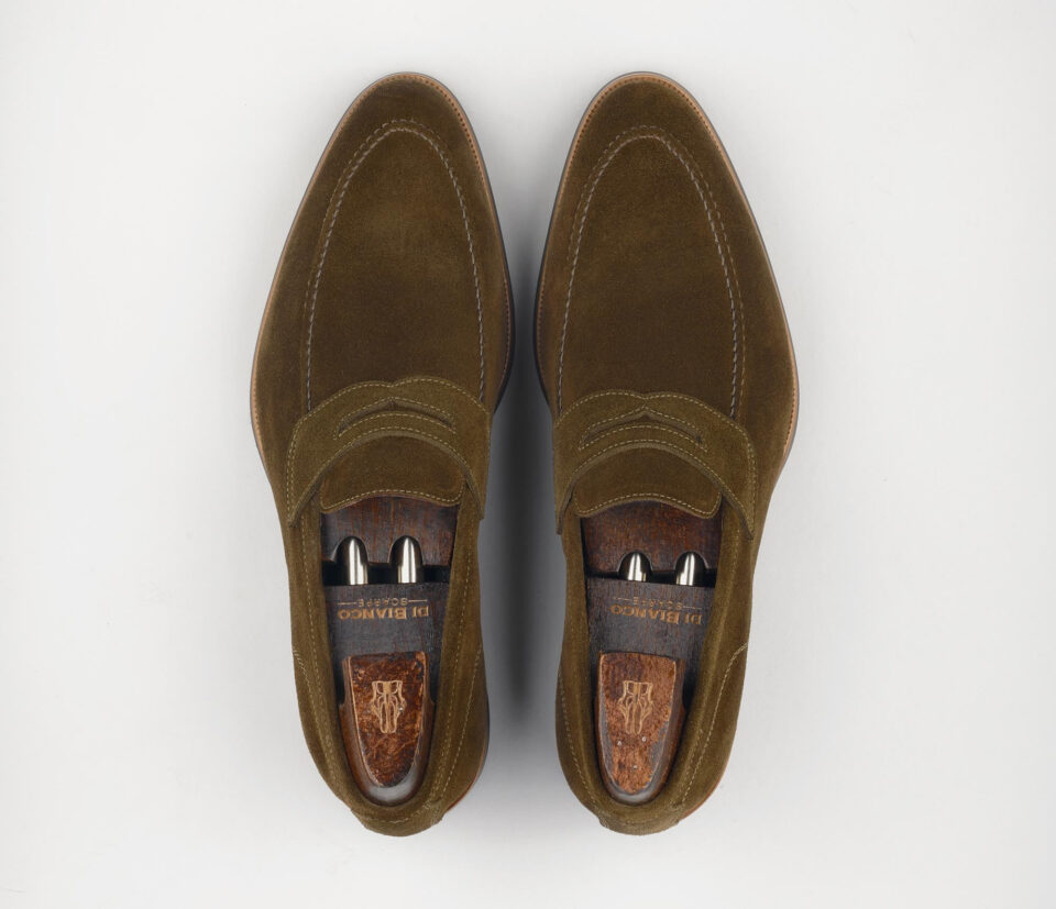 (product) Brera Militare Grey Suede Loafer, Top view of the pair - custom suits nyc bespoke tailor midtown, noho