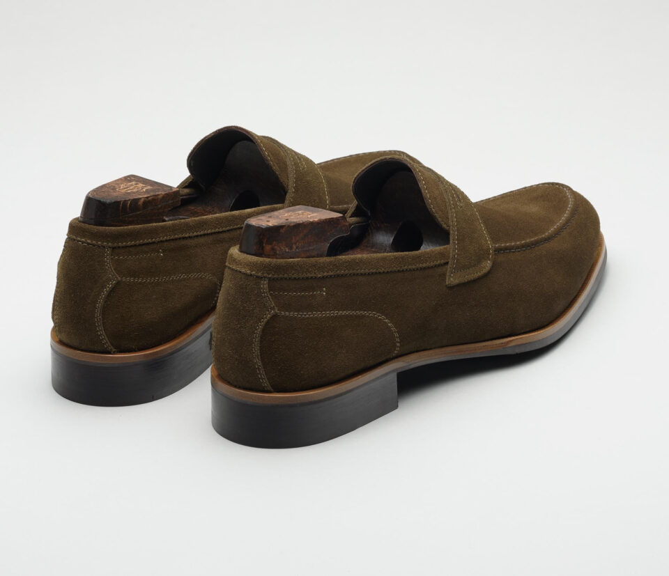 (product) Brera Militare Grey Suede Loafer, Angled pair view - custom suits nyc bespoke tailor midtown, noho