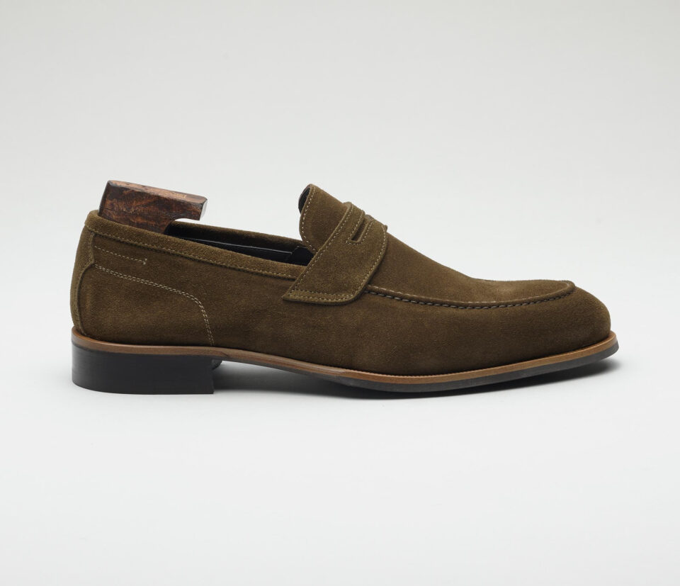 (product) Brera Militare Grey Suede Loafer, Single shoe side view - custom suits nyc bespoke tailor midtown, noho