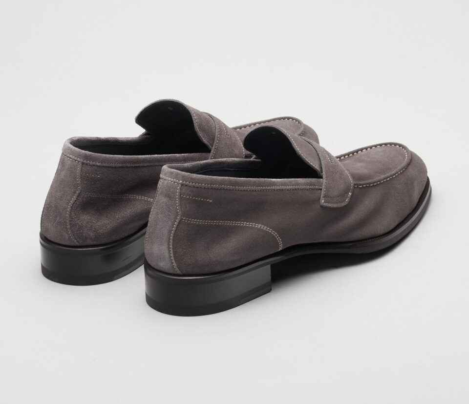 (product) Brera Peltro Grey Suede Loafer, Angled pair view - custom suits nyc bespoke tailor midtown, noho
