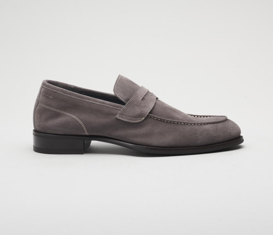 (product) Brera Peltro Grey Suede Loafer, Single shoe side view - custom suits nyc bespoke tailor midtown, noho