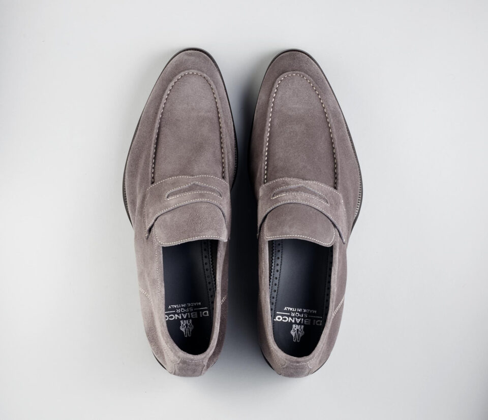 (product) Brera Peltro Grey Suede Loafer, Top view of the pair - custom suits nyc bespoke tailor midtown, noho