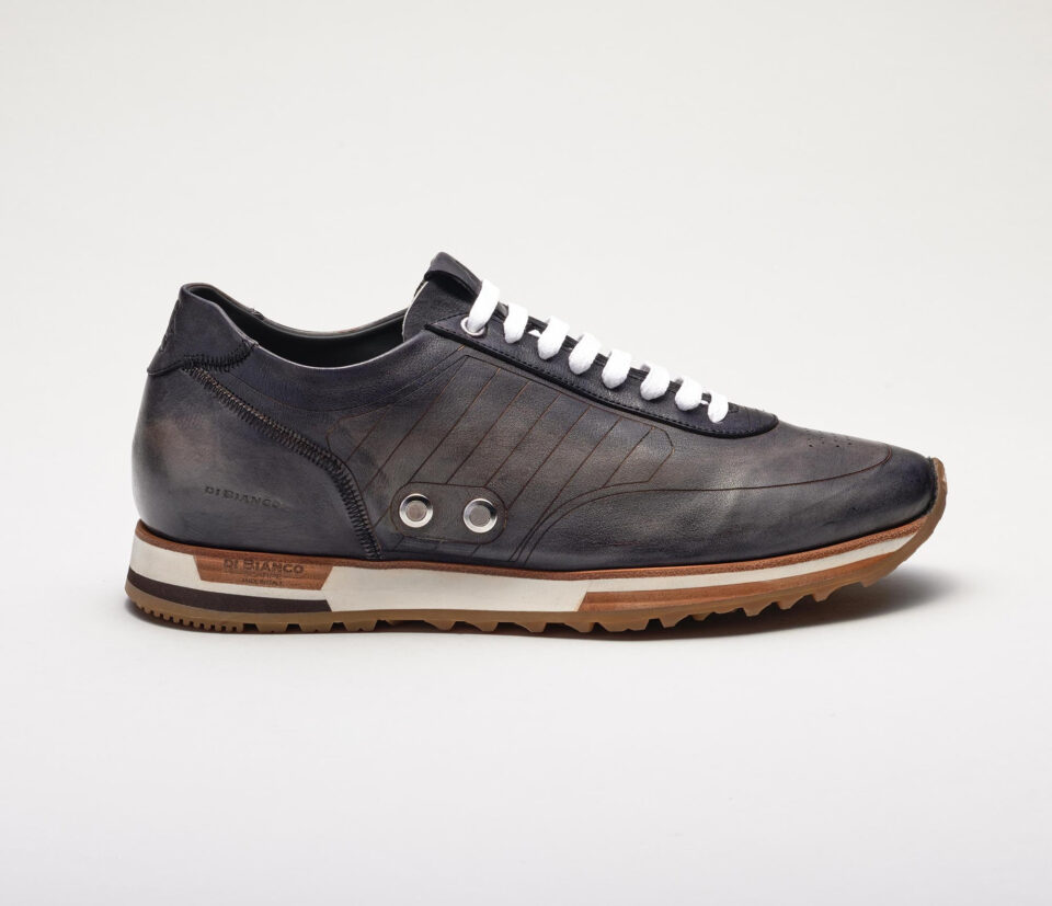 (product) Daytona Laser Fumo Dress Sneaker, Single shoe side view - custom suits nyc bespoke tailor midtown, noho