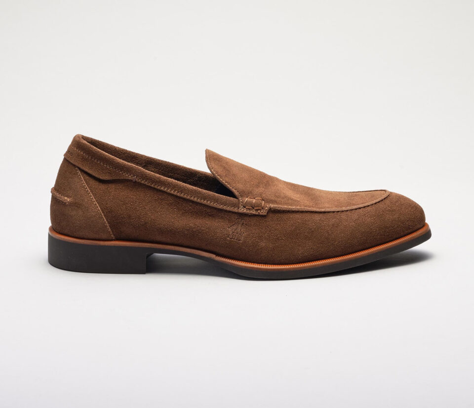 (product) Etna Tundra Suede Loafer, Single shoe side view - custom suits nyc bespoke tailor midtown, noho