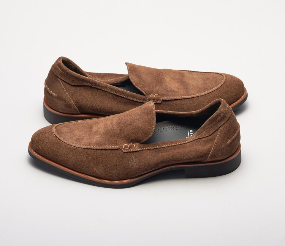 (product) Etna Tundra Suede Loafer, Side view of the pair - custom suits nyc bespoke tailor midtown, noho
