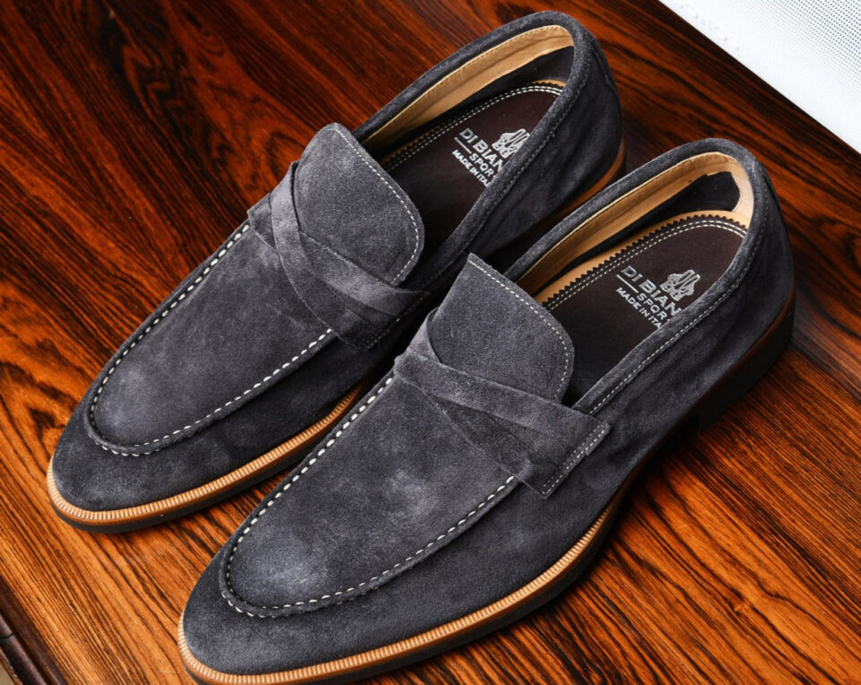 (product) Firenze Lavagna Suede Loafer, Front view of the pair - custom suits nyc bespoke tailor midtown, noho