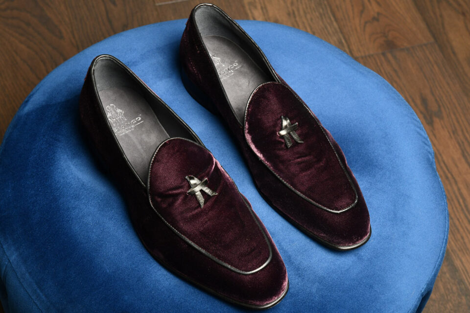 (product) Vomero Velvet Prugna Formal Loafer, Top view of the pair - custom suits nyc bespoke tailor midtown, noho