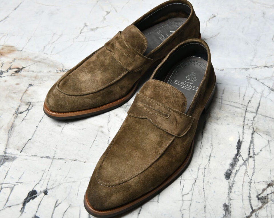 (product) Brera Militare Grey Suede Loafer, Top view of the pair - custom suits nyc bespoke tailor midtown, noho