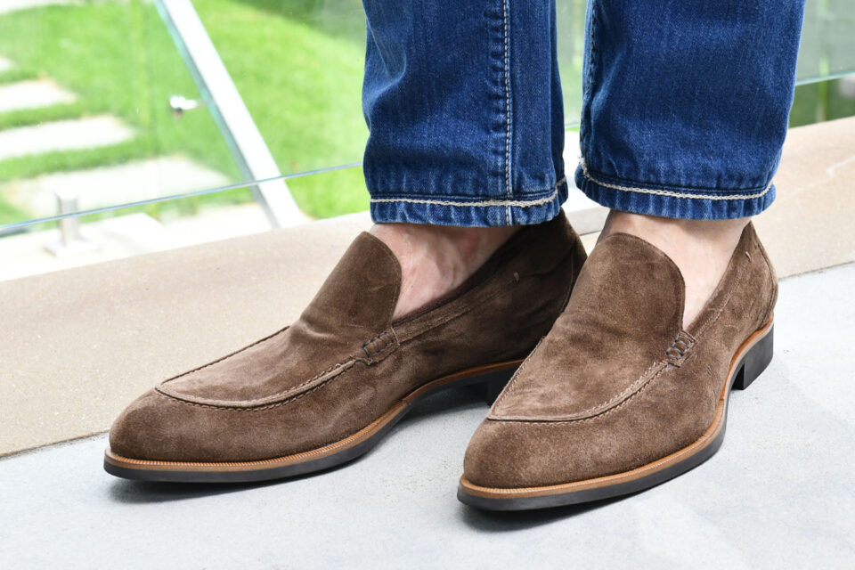 (product) Etna Tundra Suede Loafer worn by a model - custom suits nyc bespoke tailor midtown, noho