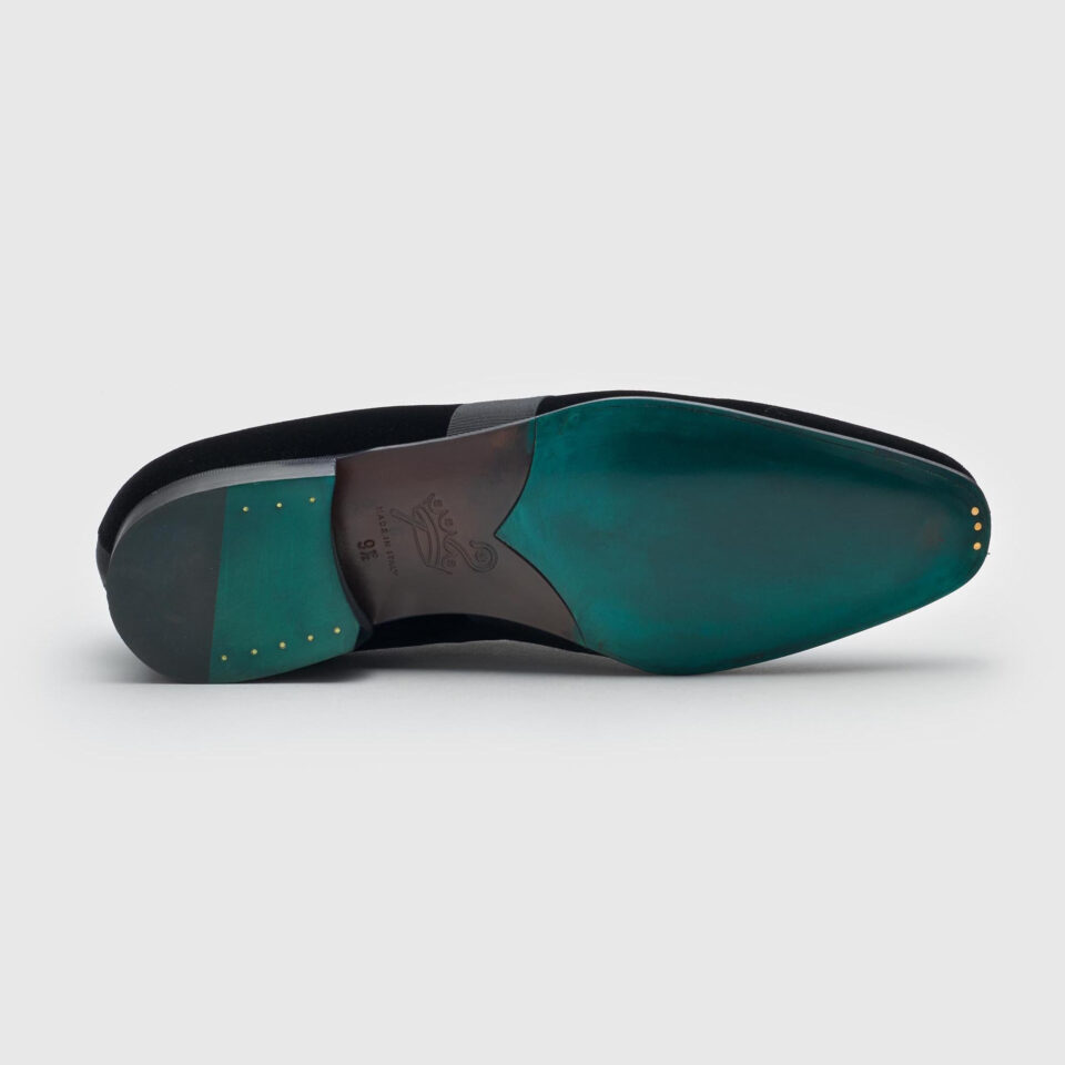 (product) Galba Black Velvet Formal Loafer, Sole view - custom suits nyc bespoke tailor midtown, noho