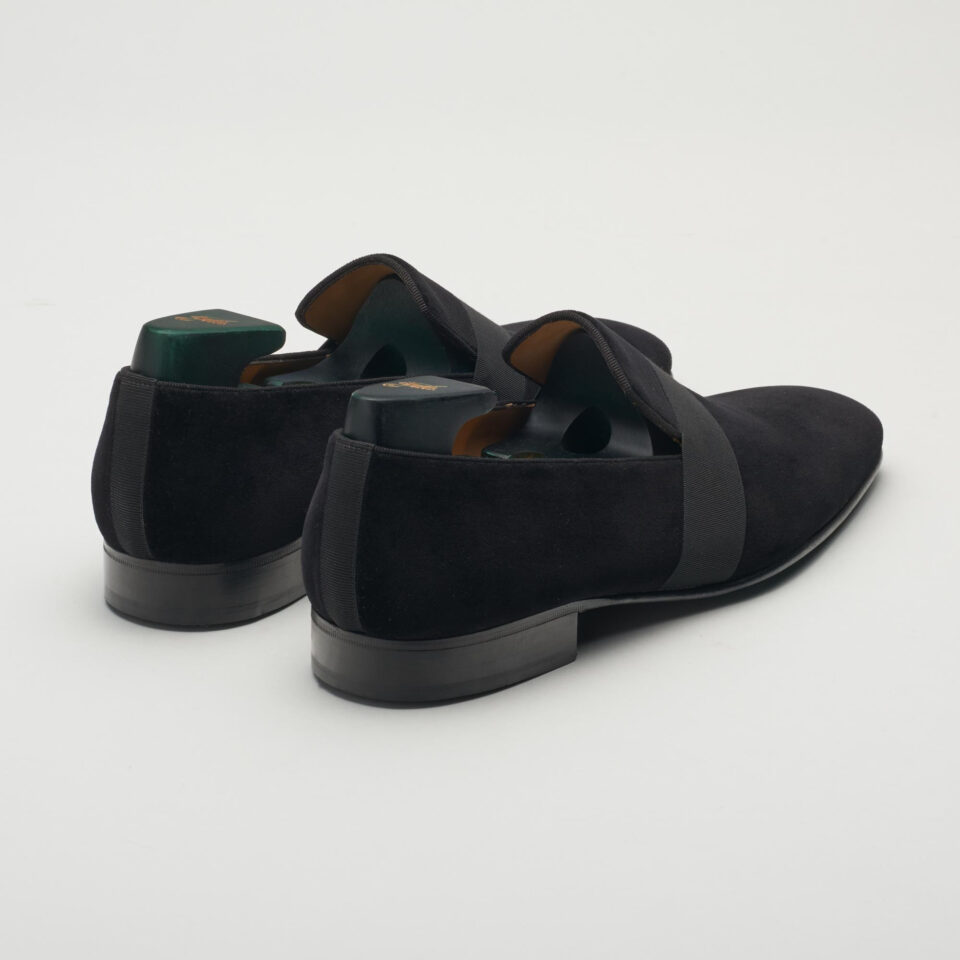 (product) Galba Black Velvet Formal Loafer, Angled pair view - custom suits nyc bespoke tailor midtown, noho