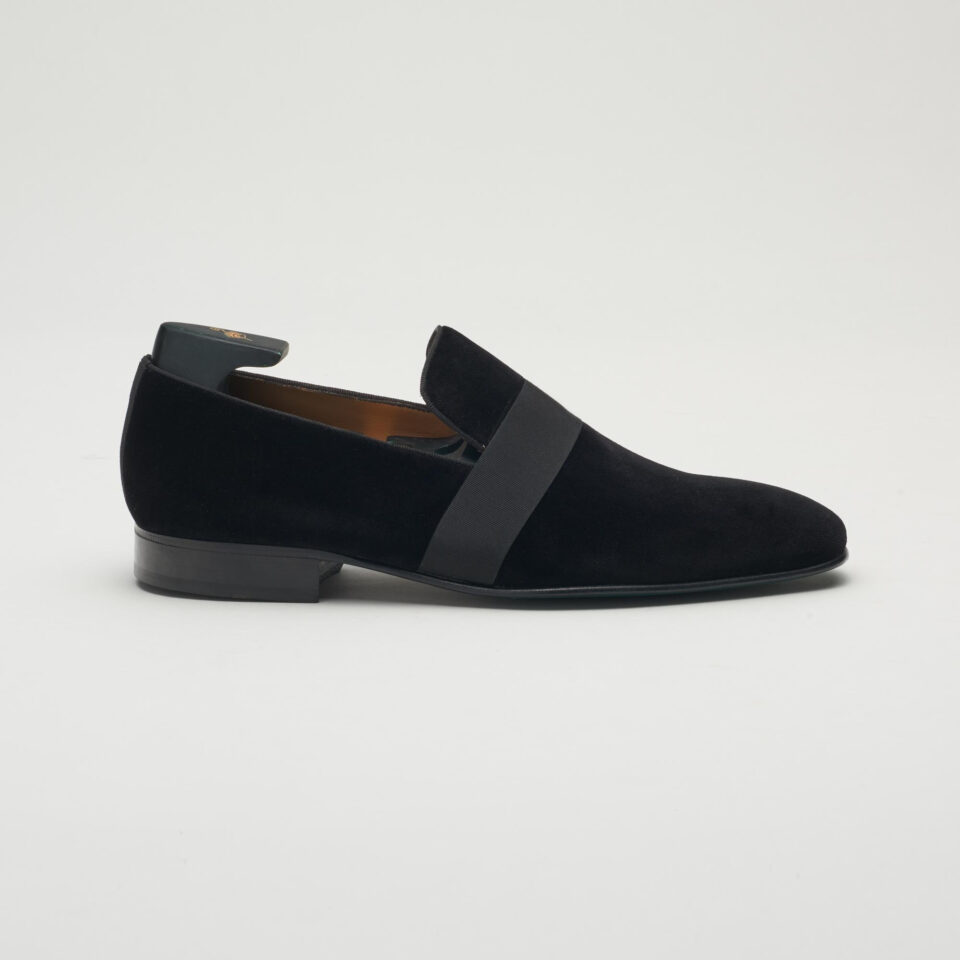 (product) Galba Black Velvet Formal Loafer, Single shoe side view - custom suits nyc bespoke tailor midtown, noho