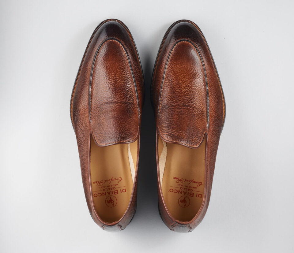 (product) Istria Tan Loafer, Top view of the pair - custom suits nyc bespoke tailor midtown, noho