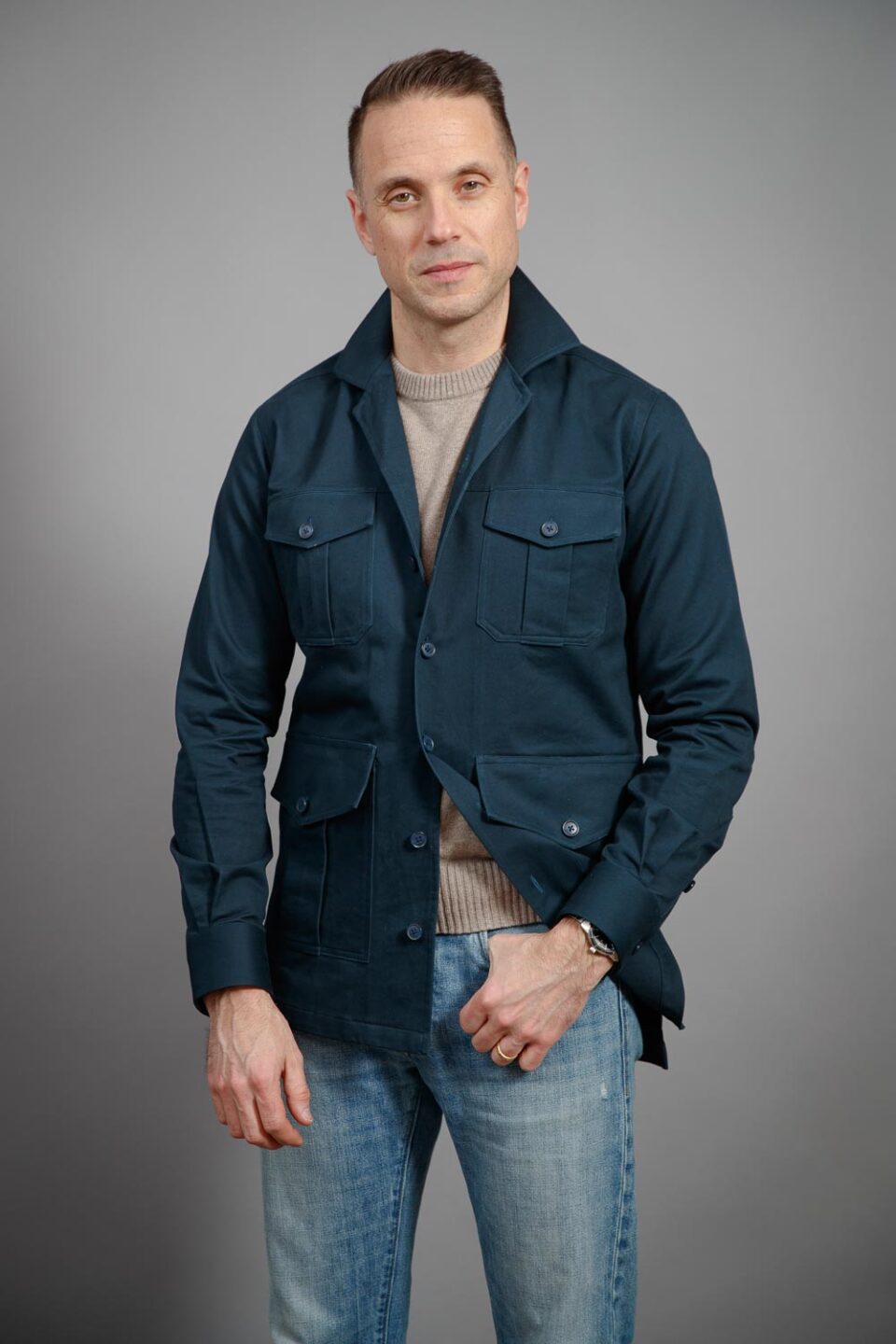 (product) Navy Blue Heavy Duty Cotton Safari Shirt Jacket - custom suits nyc bespoke tailor midtown, noho