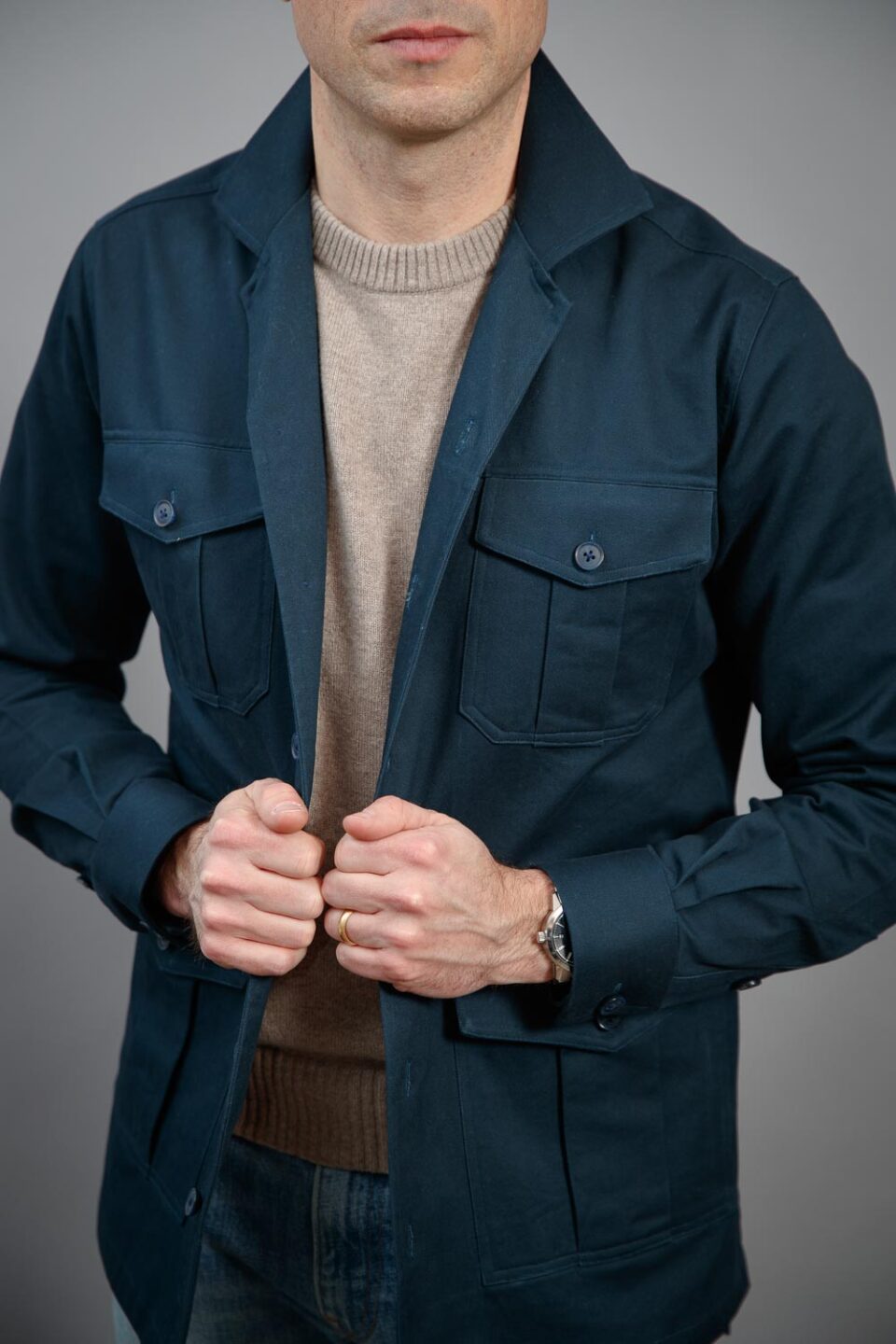 (product) Navy Blue Heavy Duty Cotton Safari Shirt Jacket - custom suits nyc bespoke tailor midtown, noho