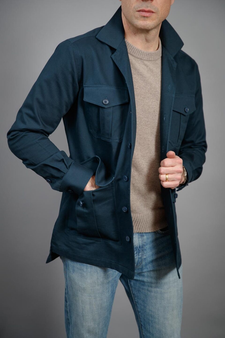 (product) Navy Blue Heavy Duty Cotton Safari Shirt Jacket - custom suits nyc bespoke tailor midtown, noho