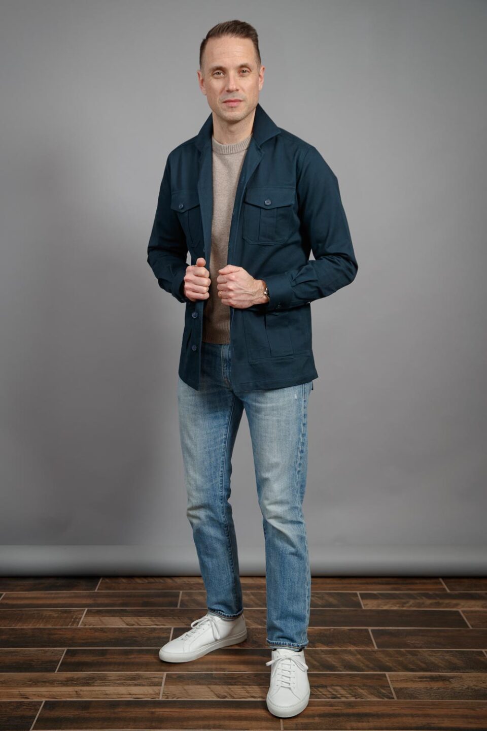 (product) Navy Blue Heavy Duty Cotton Safari Shirt Jacket - custom suits nyc bespoke tailor midtown, noho