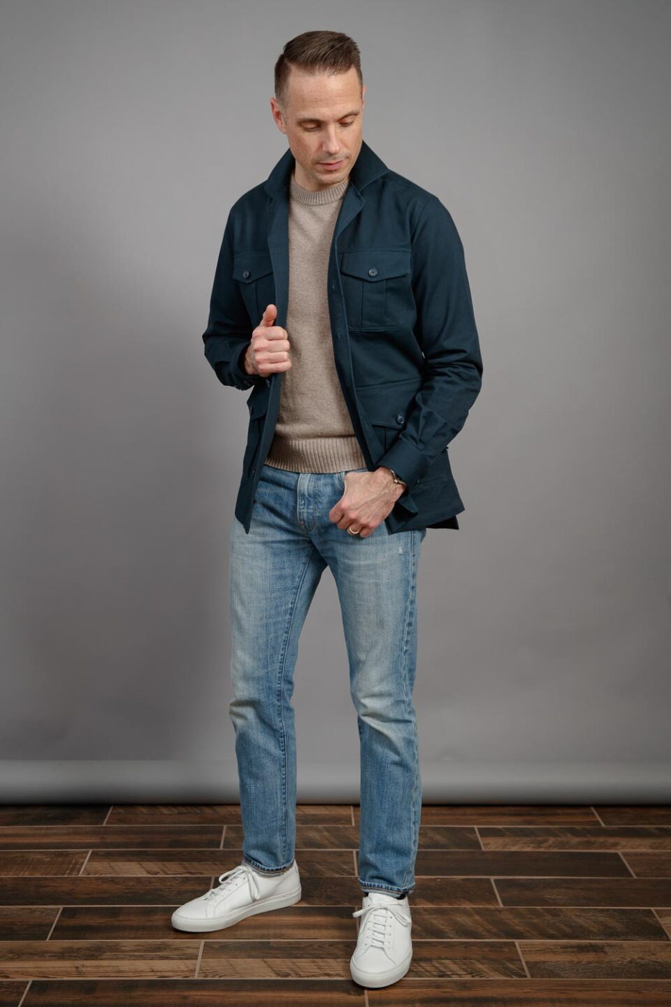 (product) Navy Blue Heavy Duty Cotton Safari Shirt Jacket - custom suits nyc bespoke tailor midtown, noho