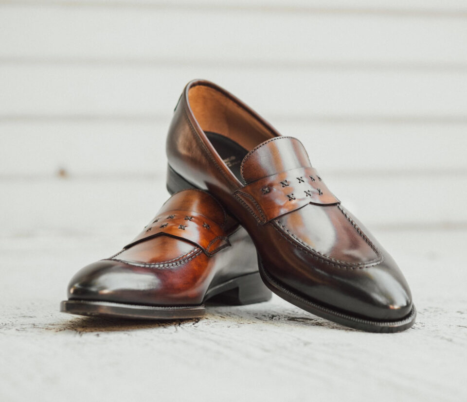 (product) Rimini Marron Loafer, Front view of the pair - custom suits nyc bespoke tailor midtown, noho