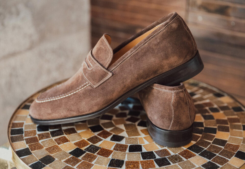 (product) Amato Pyske Suede Loafers, Angled pair view - custom suits nyc bespoke tailor midtown, noho