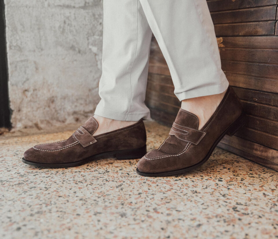 (product) Amato Pyske Suede Loafers, worn by a model - custom suits nyc bespoke tailor midtown, noho