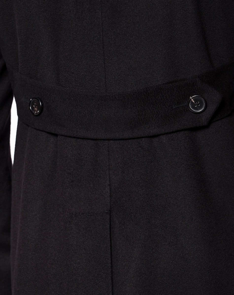 (product) Black Pure Cashmere DB Overcoat, close-up of back belt and button detail - custom suits nyc bespoke tailor midtown, noho
