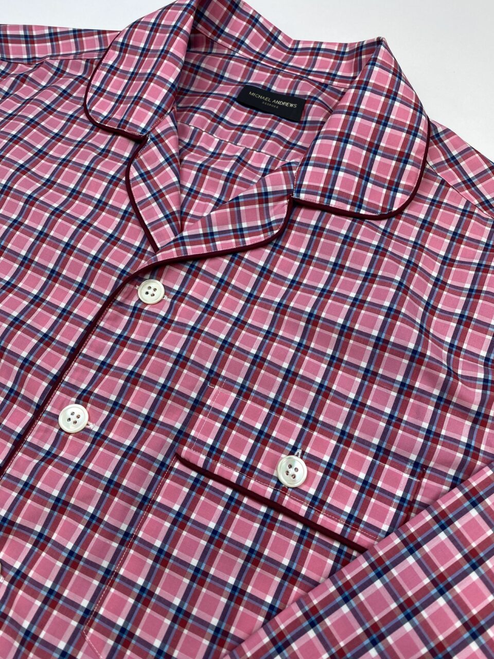 (product) Red & Pink Check Pajama Shirt, collar and buttons detail - custom suits nyc bespoke tailor midtown, noho