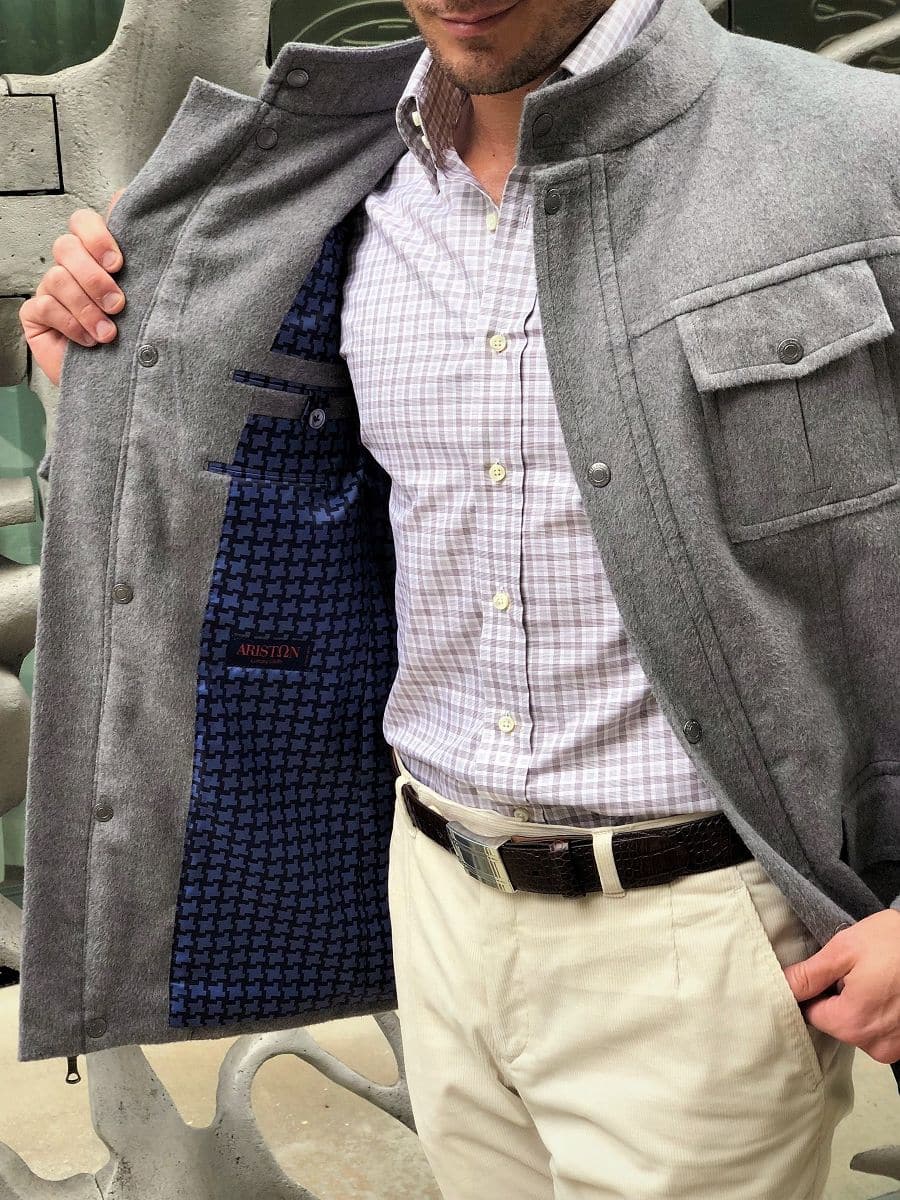 Open light grey field jacket revealing a blue plaid interior lining - custom suits nyc bespoke tailor midtown, noho
