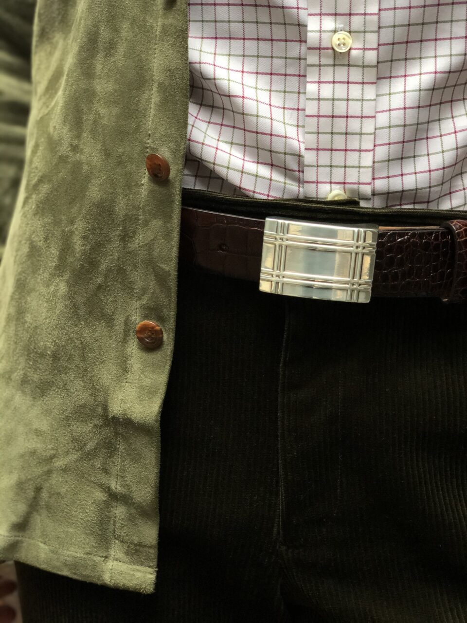 (product) Olive Green Lamb Suede Overshirt, detailed view - custom suits nyc bespoke tailor midtown, noho