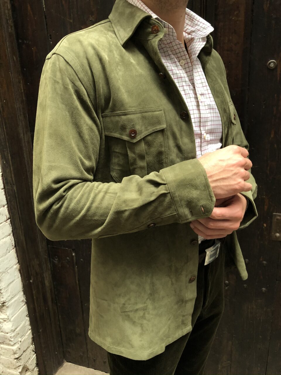 (product) Olive Green Lamb Suede Overshirt - custom suits nyc bespoke tailor midtown, noho