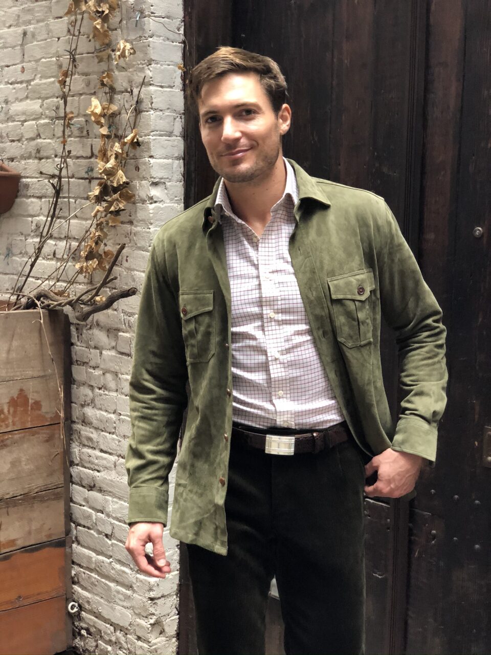 (product) Olive Green Lamb Suede Overshirt - custom suits nyc bespoke tailor midtown, noho