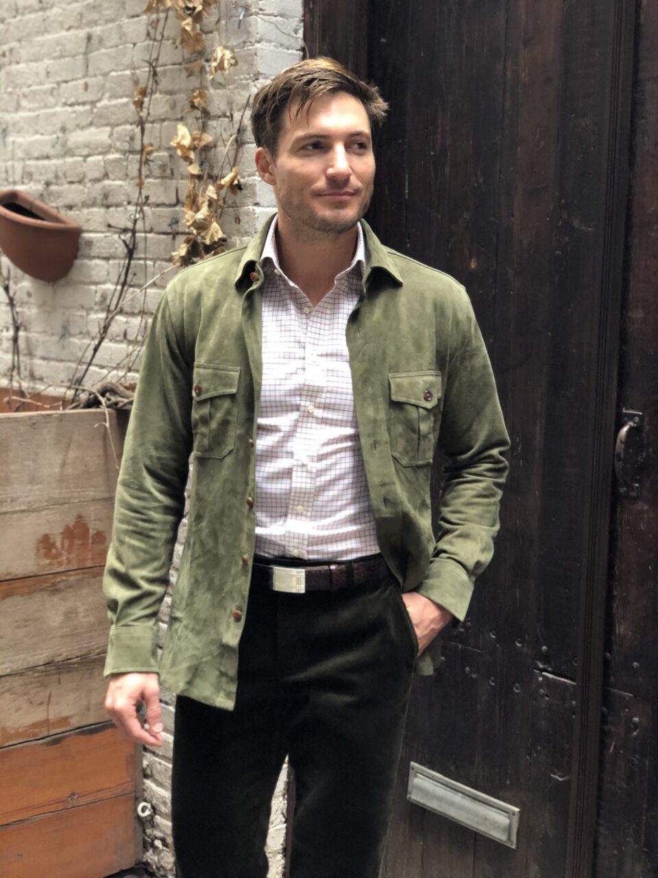 (product) Olive Green Lamb Suede Overshirt - custom suits nyc bespoke tailor midtown, noho