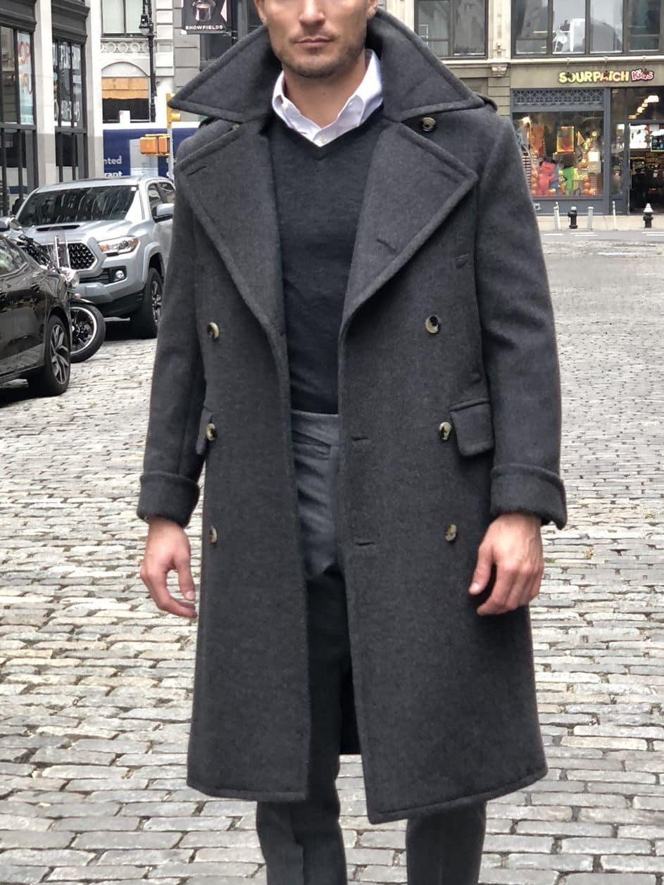 (product) Charcoal Grey Solid Great Coat worn open over a black knit sweater - custom suits nyc bespoke tailor midtown, noho