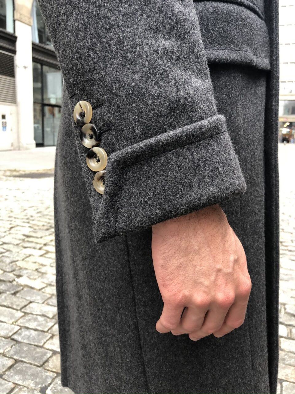 (product) Charcoal Grey Solid Great Coat, cuff detail - custom suits nyc bespoke tailor midtown, noho