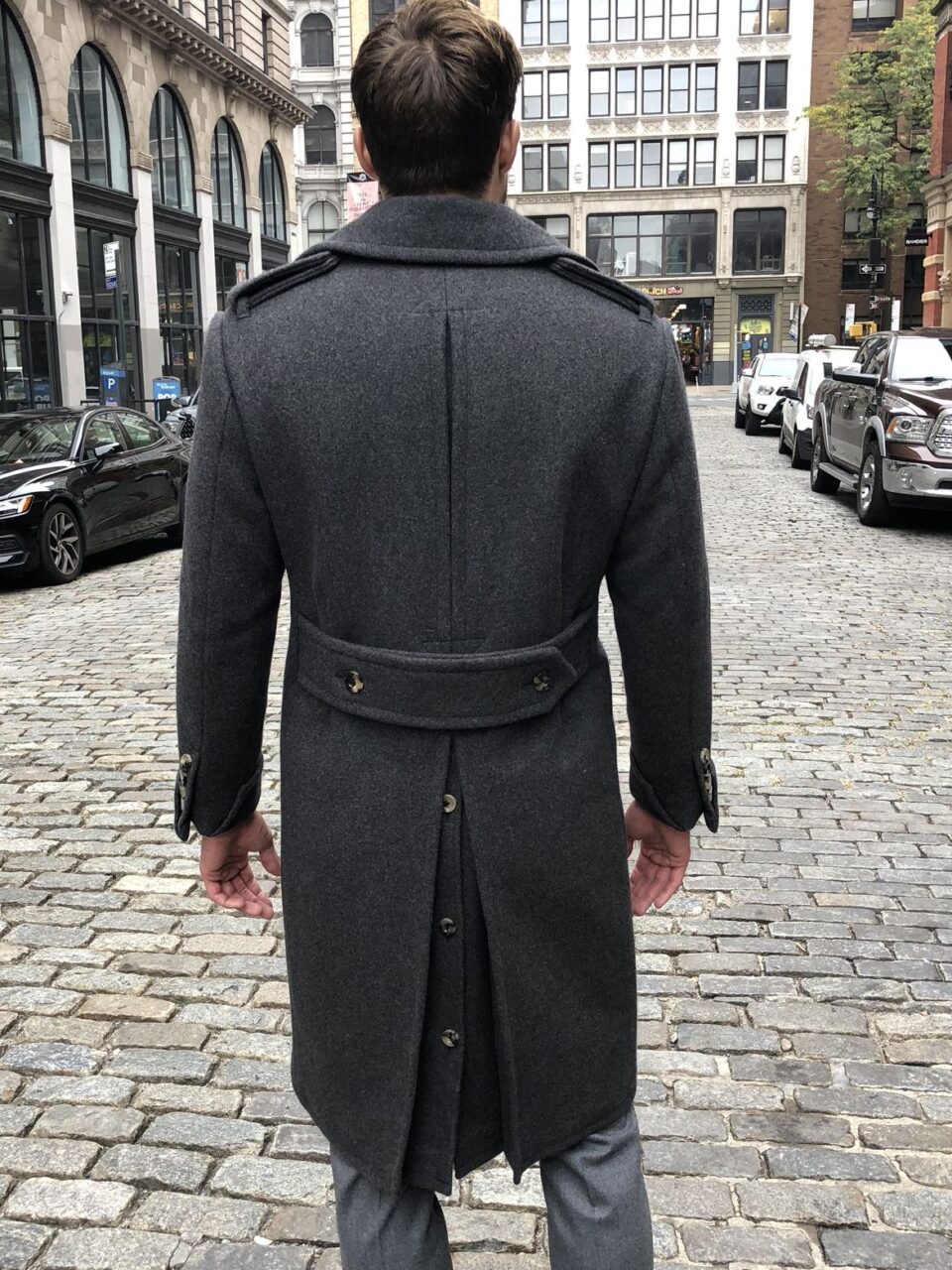 (product) Charcoal Grey Solid Great Coat, back view - custom suits nyc bespoke tailor midtown, noho
