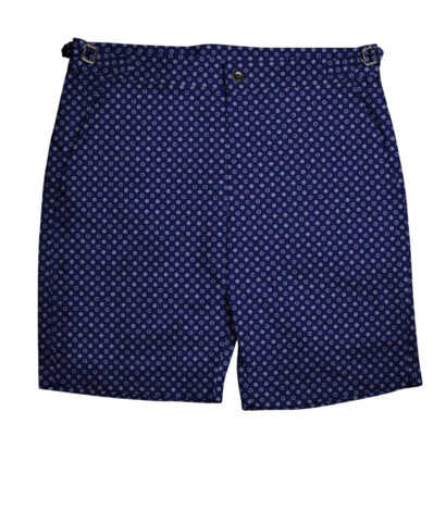 (product) Navy with Blue and Light Blue Dots Swim Shorts, full view - custom suits nyc bespoke tailor midtown, noho