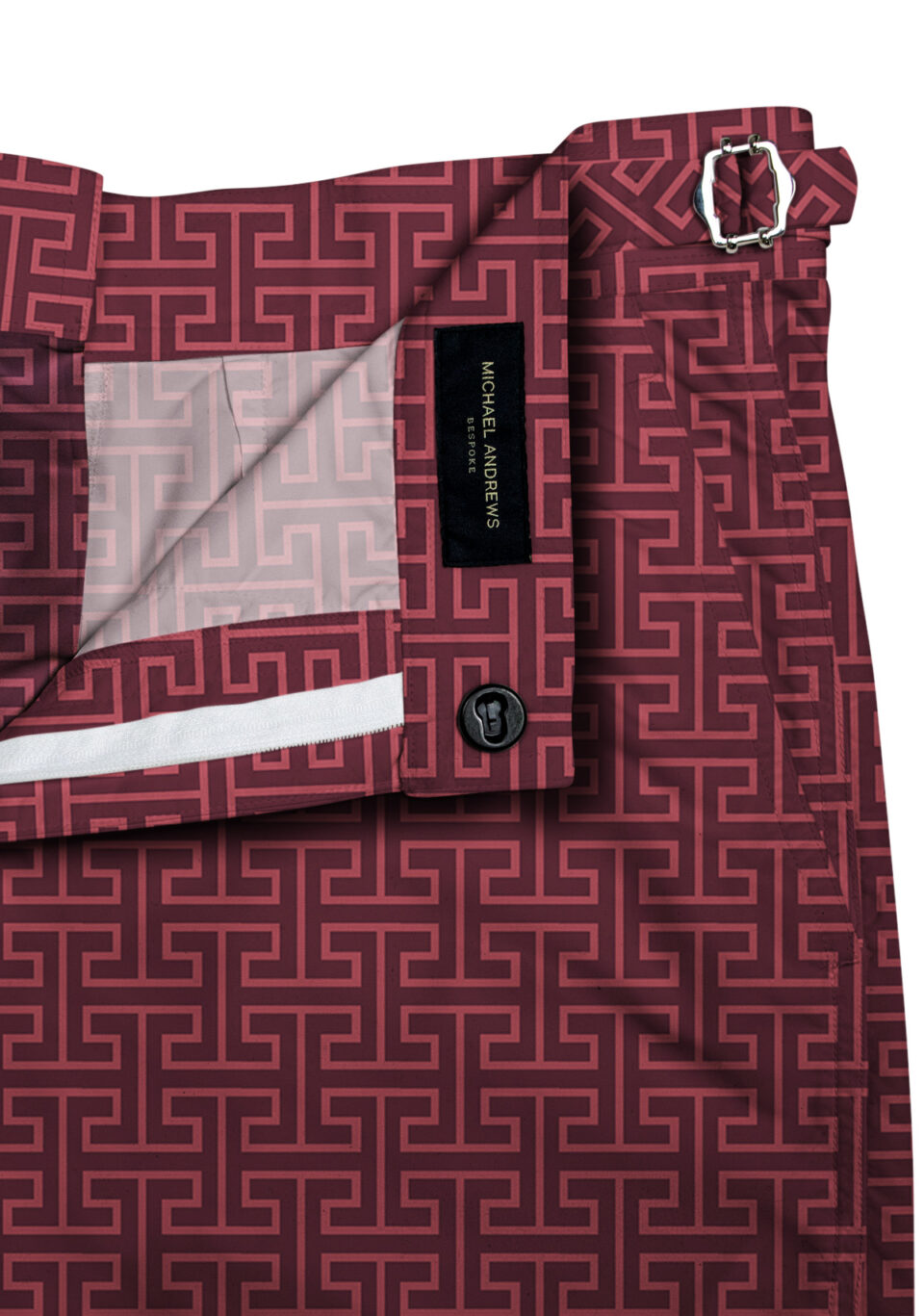 (product) Burgundy H-Print Swim Shorts, close-up view - custom suits nyc bespoke tailor midtown, noho