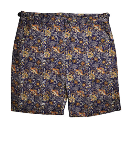 (product) Navy, Orange and Tan Paisley Swim Shorts, full view - custom suits nyc bespoke tailor midtown, noho
