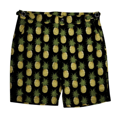(product) Black with Yellow Pineapples Swim Shorts, full view - custom suits nyc bespoke tailor midtown, noho