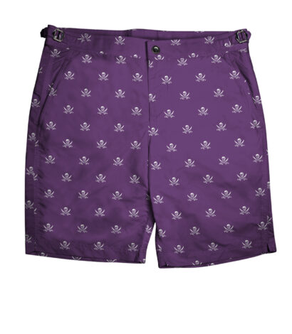 (product) Purple Jolly Roger Swim Swim Shorts, full view - custom suits nyc bespoke tailor midtown, noho