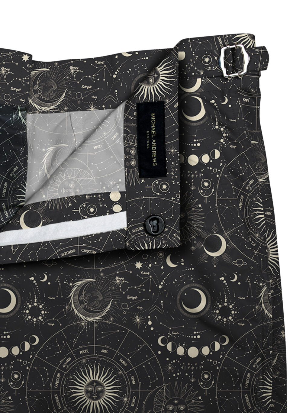 (product) Astrological Swim Shorts, close-up view - custom suits nyc bespoke tailor midtown, noho