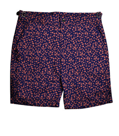 (product) Navy with Salmon Small Flowers Swim Shorts, full view - custom suits nyc bespoke tailor midtown, noho