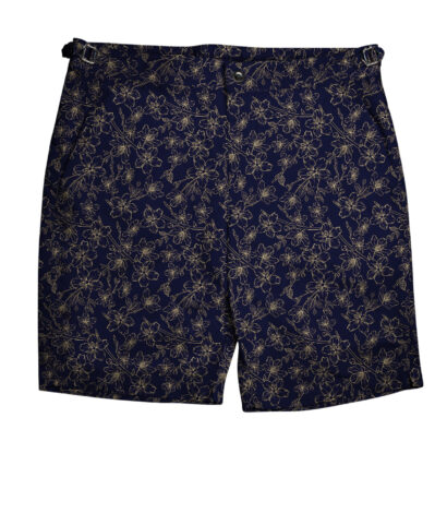 (product) Navy with Tonal Gold Flowers Swim Shorts, full view - custom suits nyc bespoke tailor midtown, noho