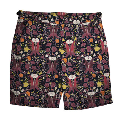 (product) Navy with Burgundy Orchids Swim Shorts, full view - custom suits nyc bespoke tailor midtown, noho