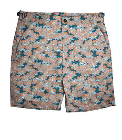 (product) Blue with Orange Flowers Swim Shorts, full view - custom suits nyc bespoke tailor midtown, noho